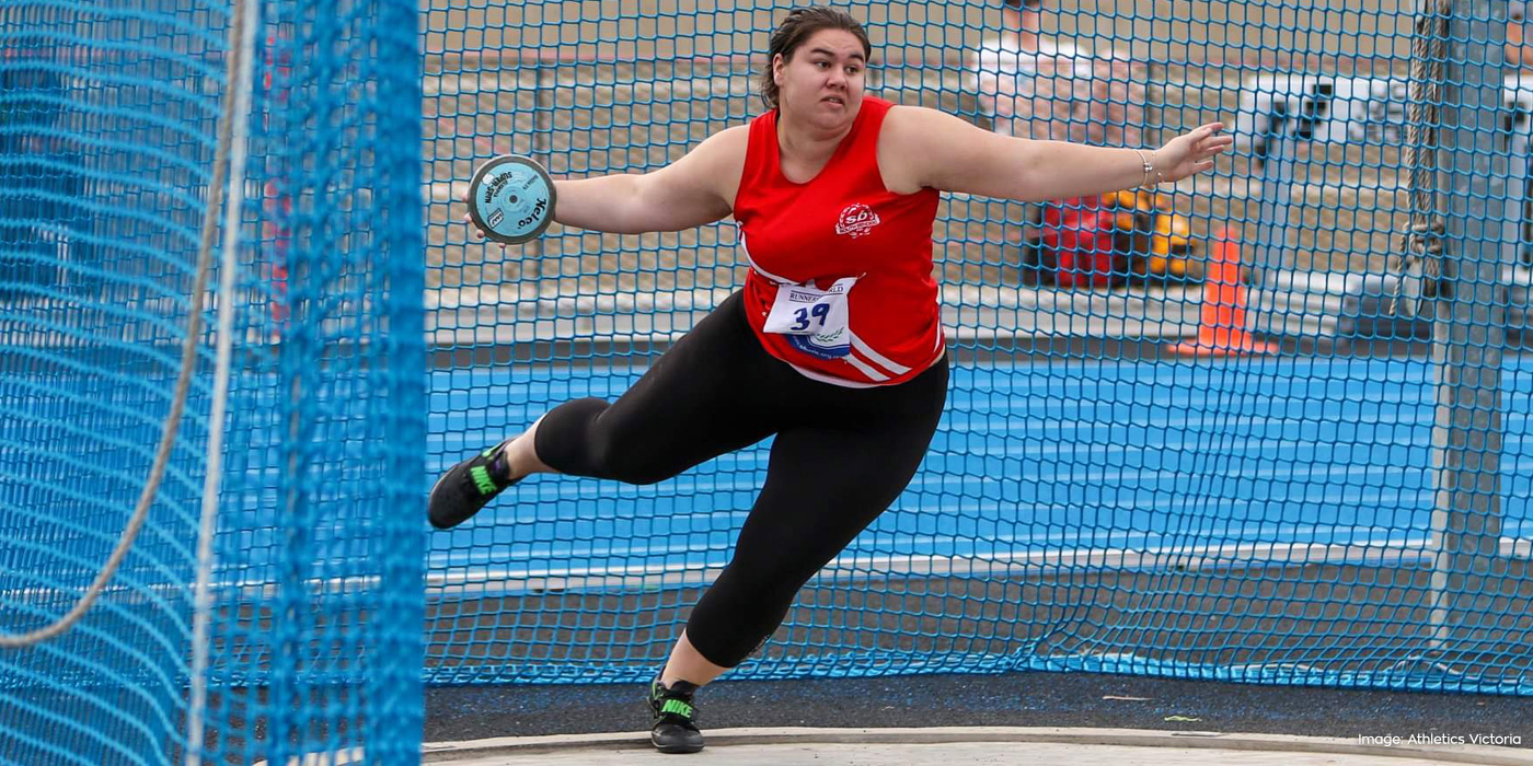 Emma Berg of Bendigo competes in the discus at the 2021 Athletics Victoria Track and Field Championships. Photo: Athletics Victoria