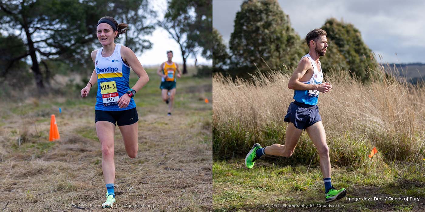 Brady Threlfell and Alice Wilkinson running at the Athletics Victoria XCR relays